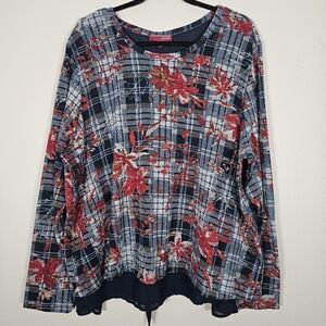 DOWNING Studio Womens 2X Floral Plaid Layered‎ Bow Navy Flowy Professional Top